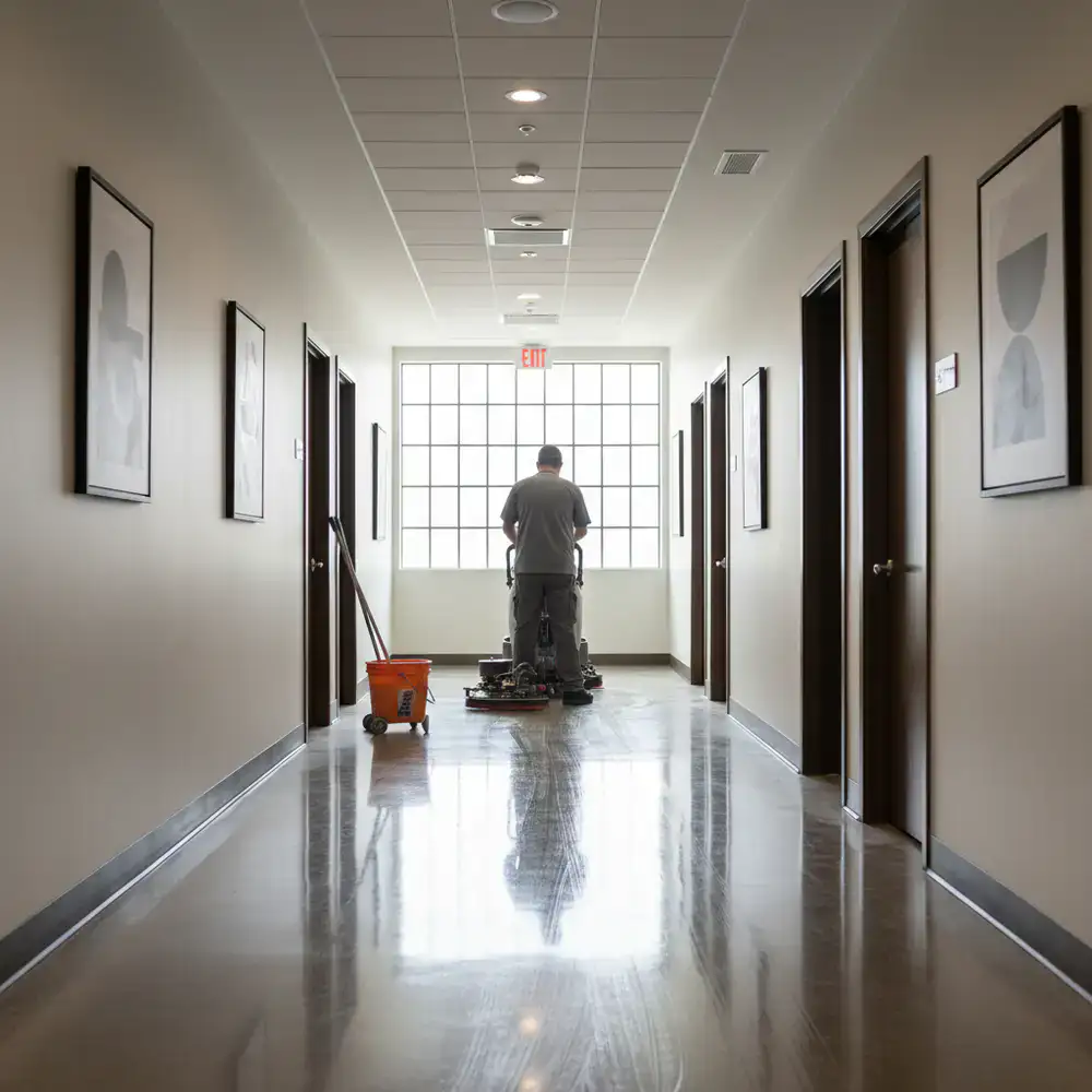 Commercial building hallway being cleaned after hours