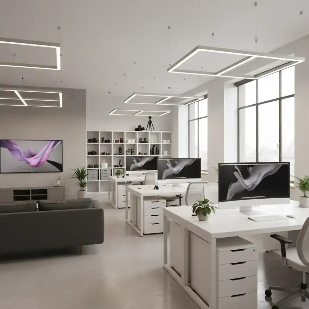 Modern creative studio with clean desks and equipment