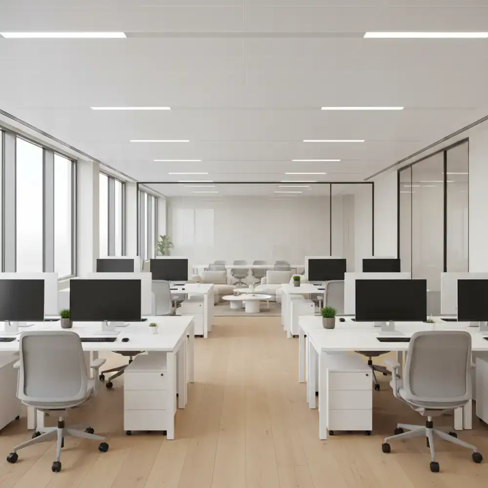 A brightly lit, impeccably clean modern office space