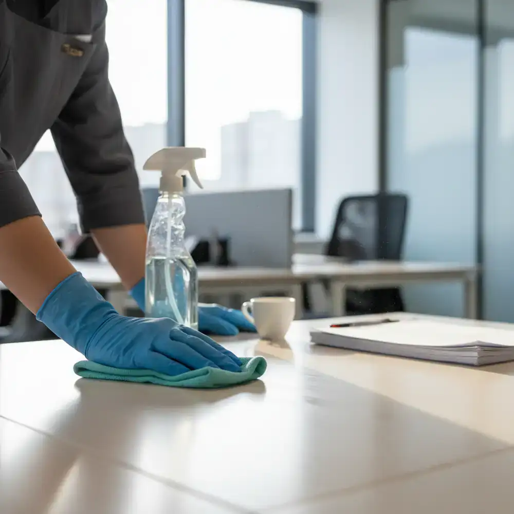 Close up of a cleaner wiping down a corporate desk