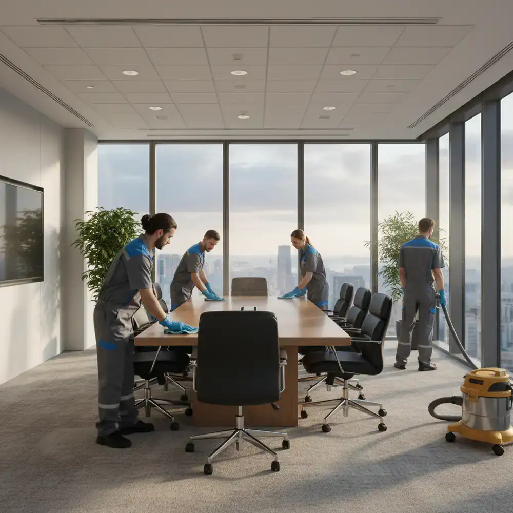Cleaning crew working in a large corporate meeting room