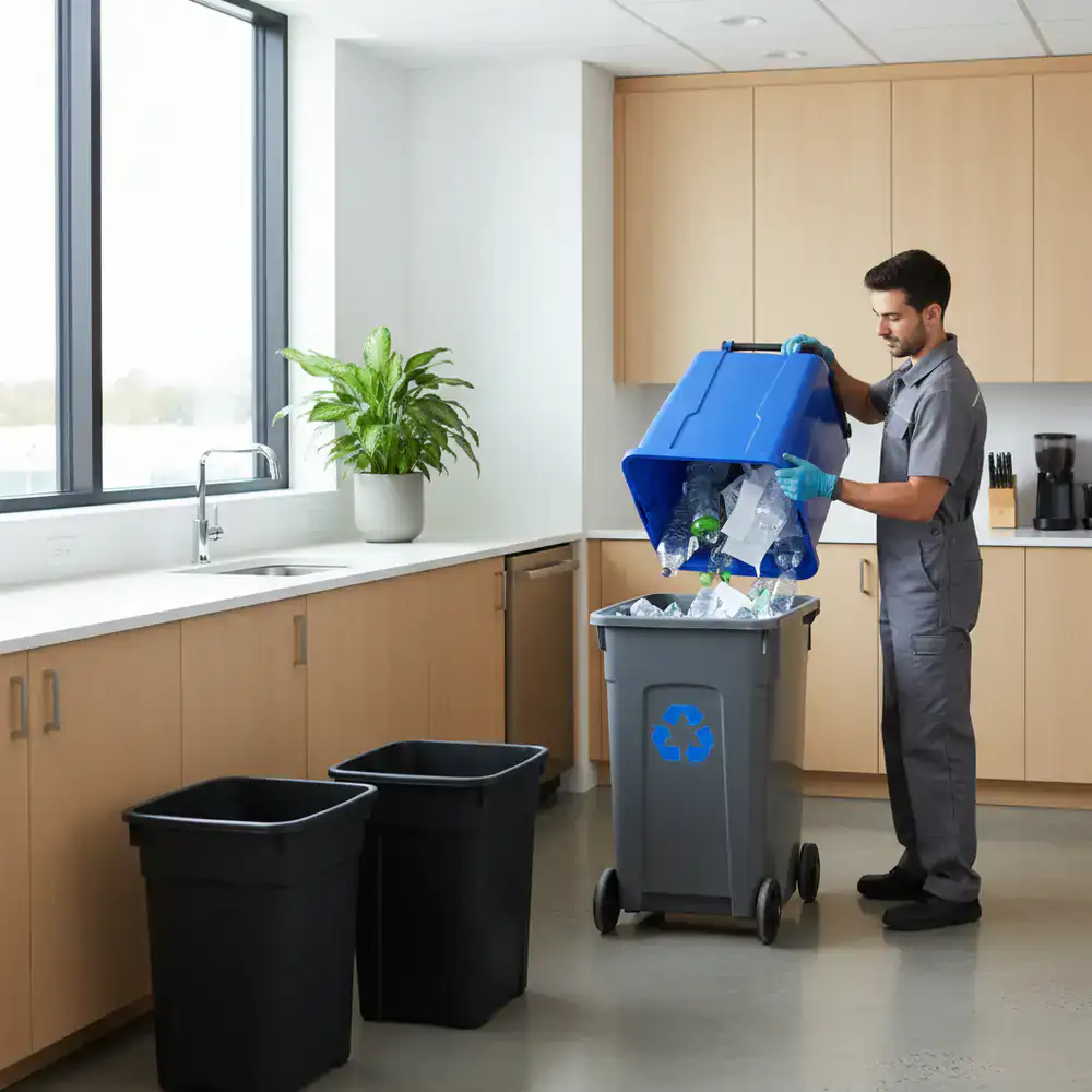 Emptying recycling and waste bins in a breakroom