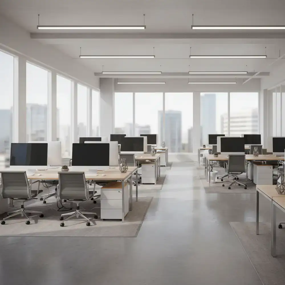 Clean organized open plan office desks